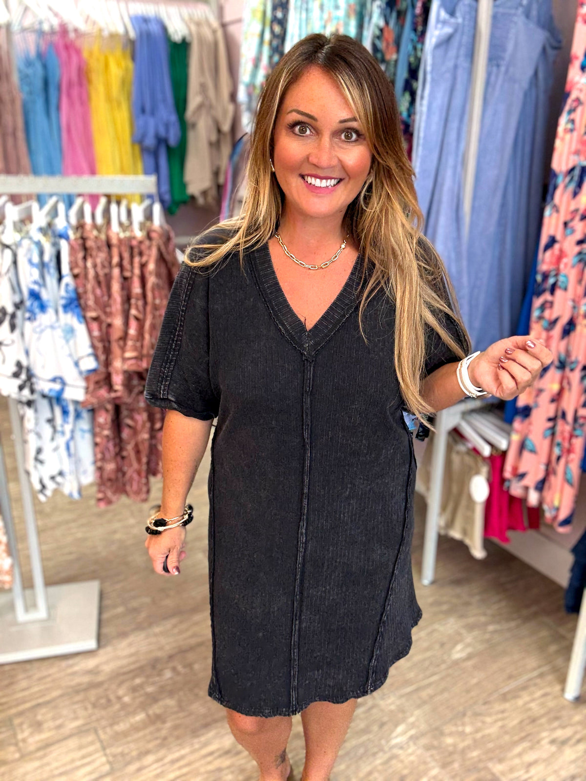 Edgy Mineral Washed Ribbed Knit Shift Dress