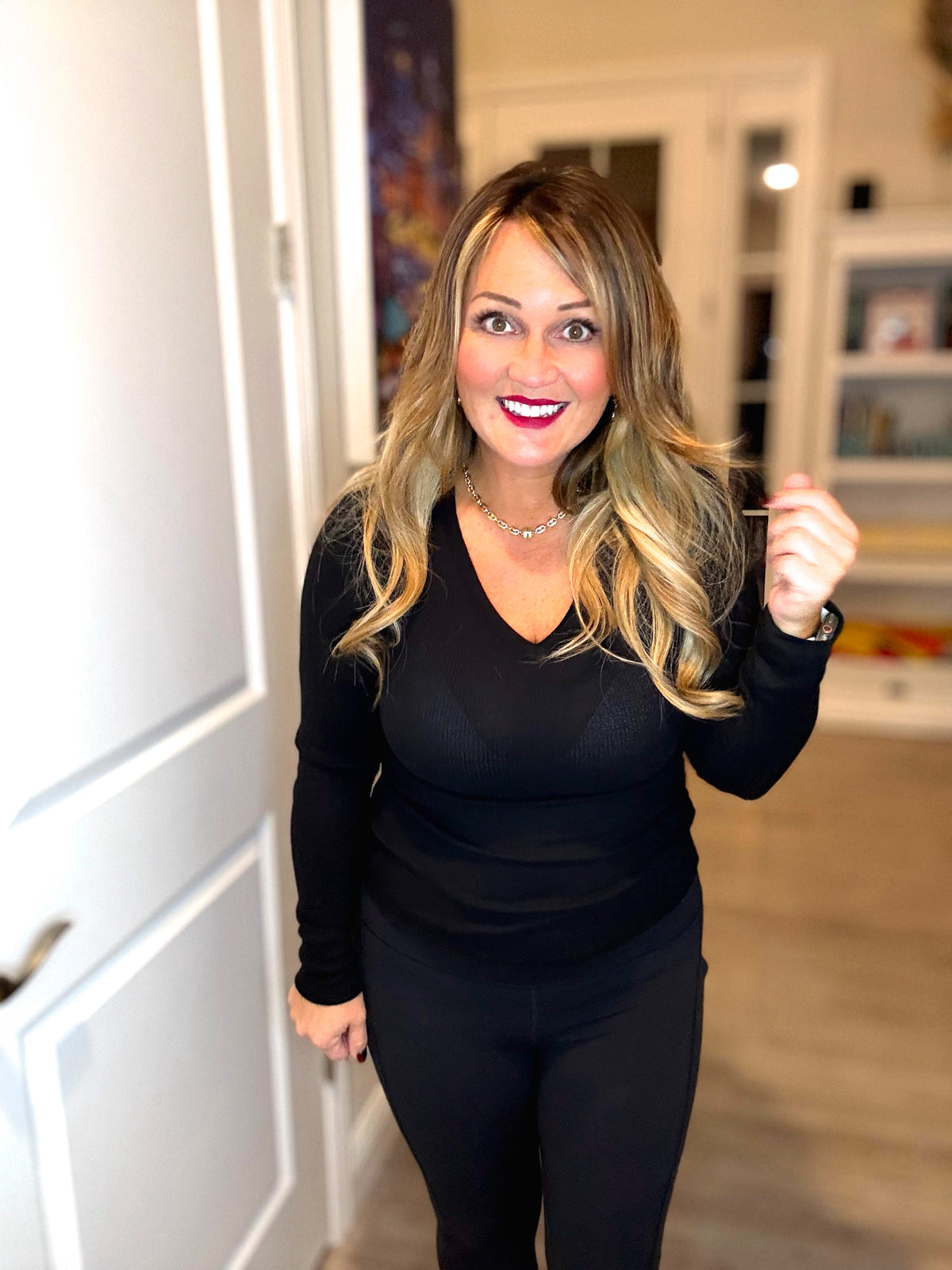 Long Sleeve V-Neck Thermal Knit Top