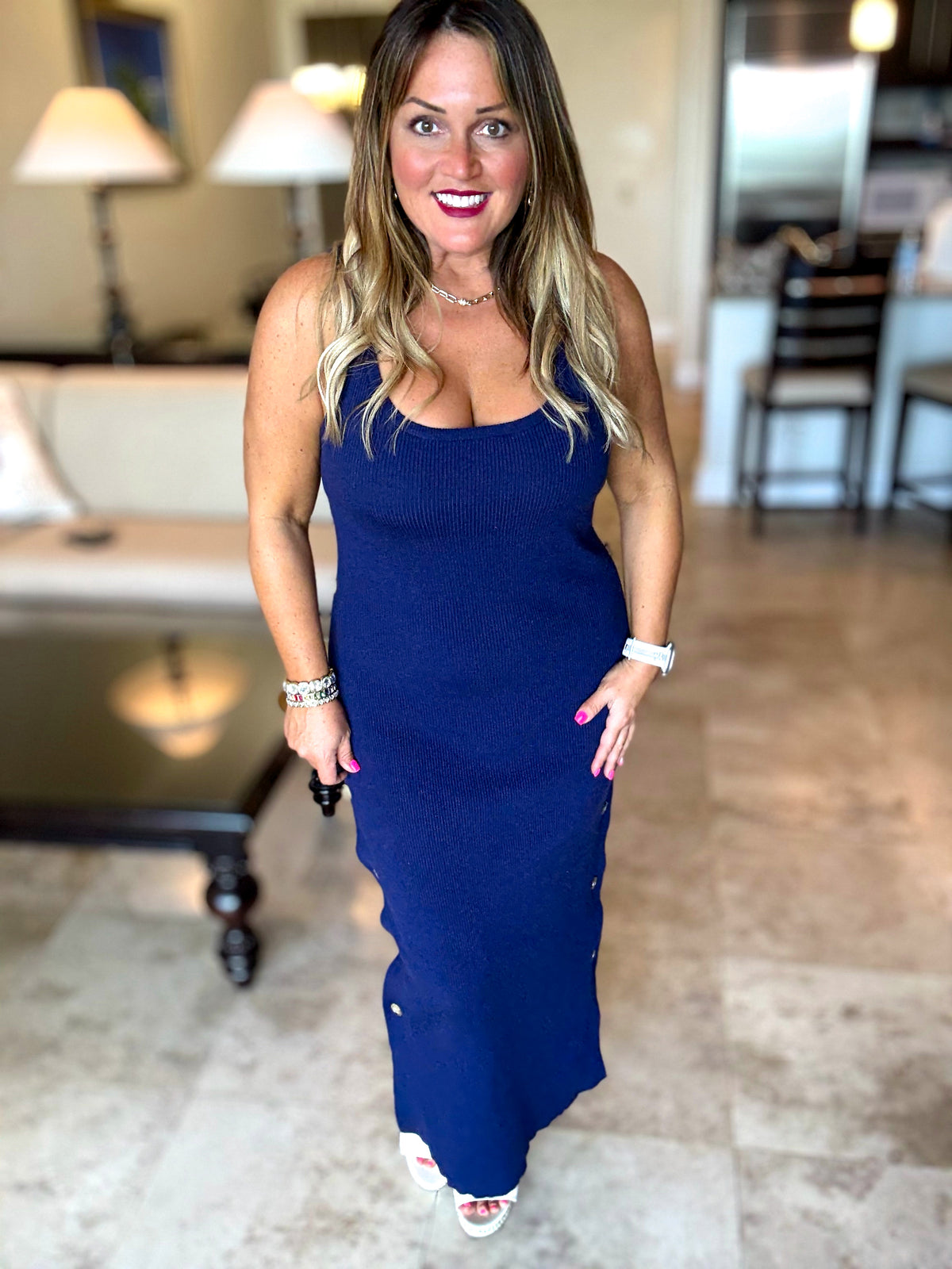 Saltwater Soiree Button Sweater Ribbed Dress