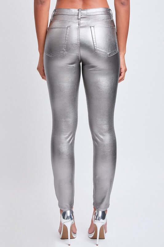 Metallic silver pants for women with shiny finish, perfect for parties and elegant fashion styles, back view.